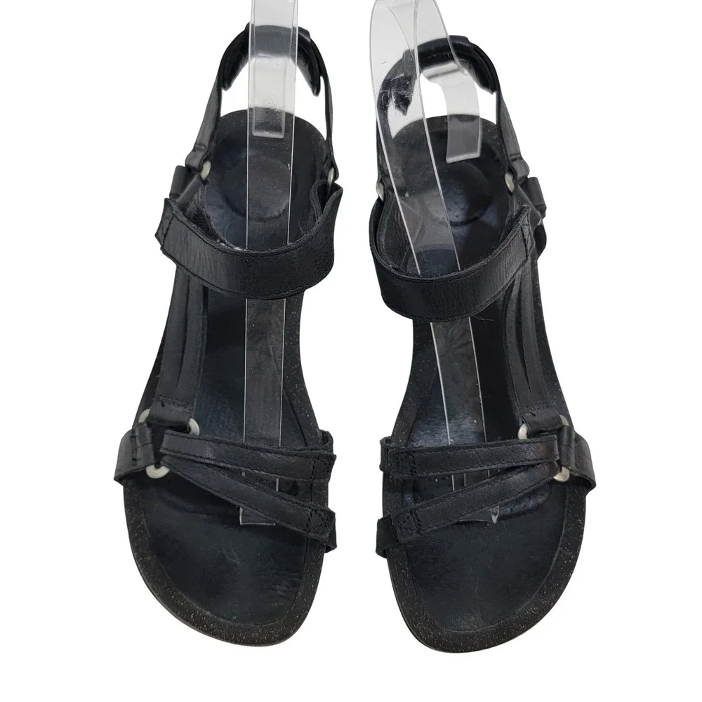 Teva Ysidro Universal Wedge Black Leather Strappy Sandals 1015119 7.5